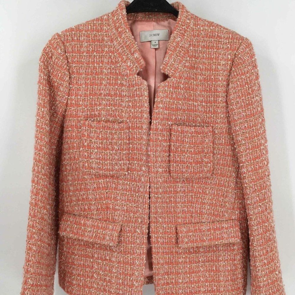 J.Crew Womens Tweed Suit Jacket Blazer Coral Orange Lined Long Sleeve Hook 4